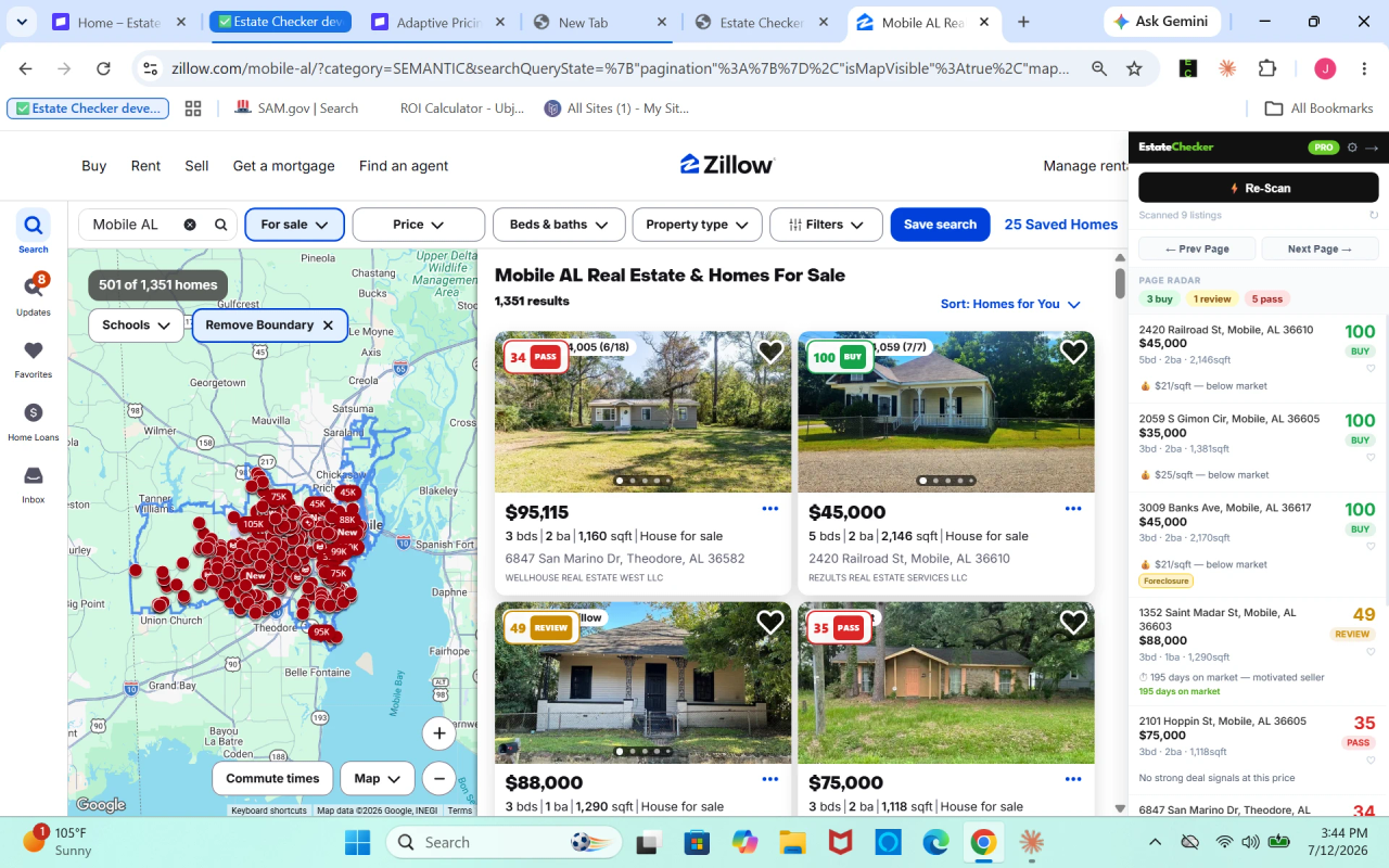 Estate Checker scanning a Zillow search page, showing deal scores and a ranked Page Radar list